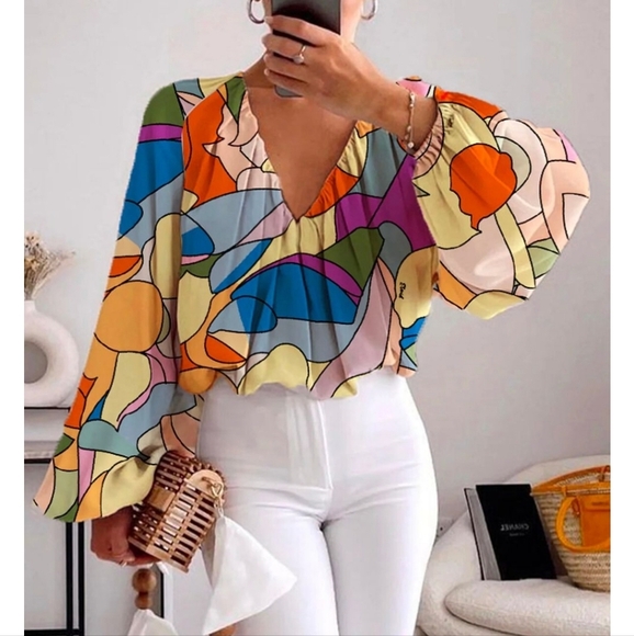 Stylewe NWTs Summer Colorblock Elegant Chiffon V Neck Top - Picture 1 of 4